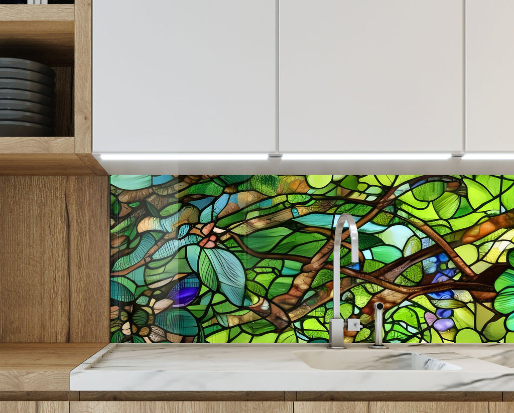 Verdant Canopy Stained - Glass Kitchen Backsplash-BacksplashArtworks