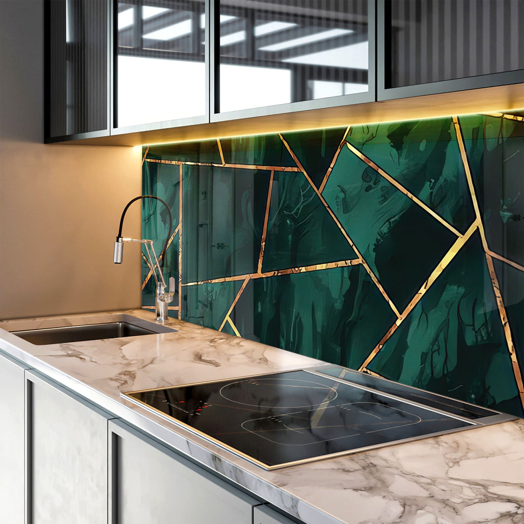 Emerald & Gold Geometric - Glass Kitchen Backsplash-BacksplashArtworks