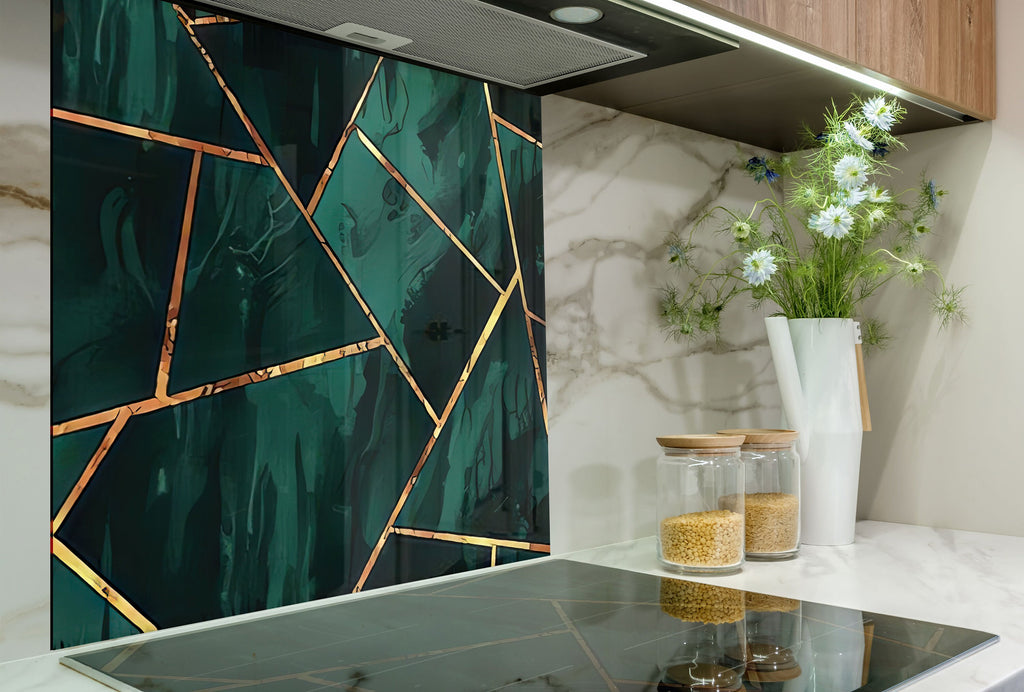 Emerald & Gold Geometric - Glass Kitchen Backsplash-BacksplashArtworks