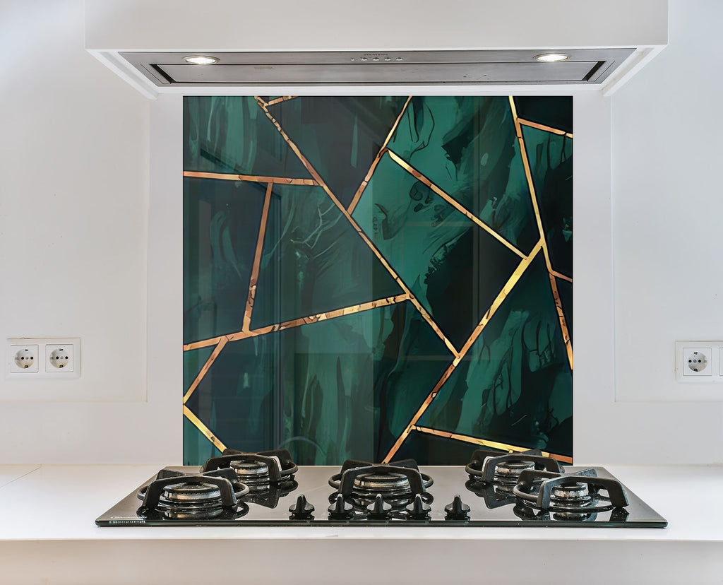 Emerald & Gold Geometric - Glass Kitchen Backsplash-BacksplashArtworks