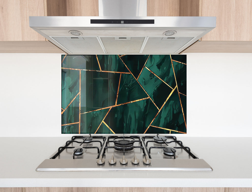 Emerald & Gold Geometric - Glass Kitchen Backsplash-BacksplashArtworks