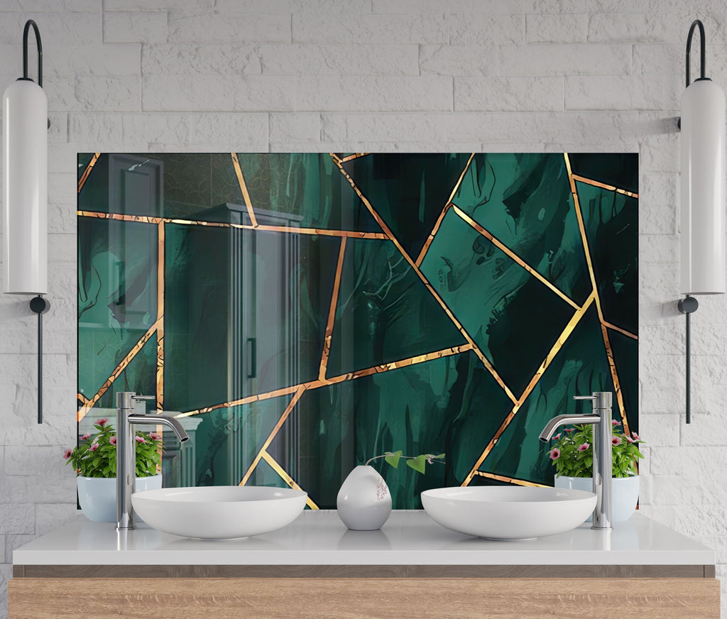 Emerald & Gold Geometric - Glass Kitchen Backsplash-BacksplashArtworks