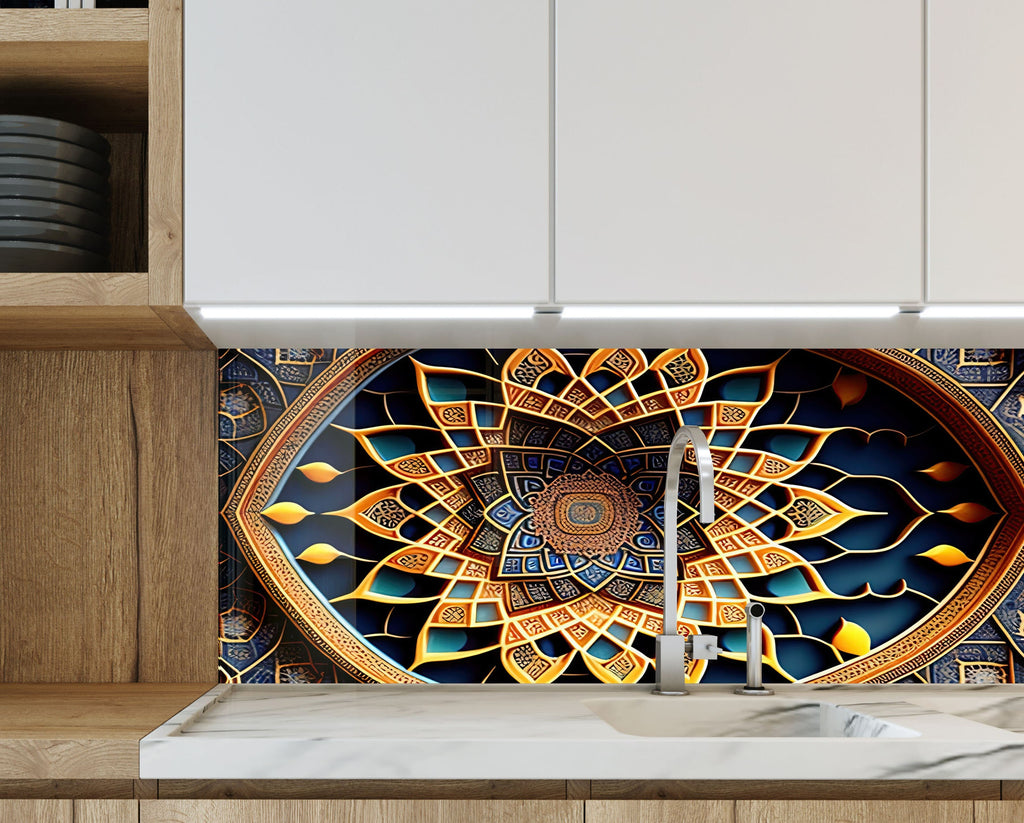 Golden Mandala - Glass Kitchen Backsplash-BacksplashArtworks