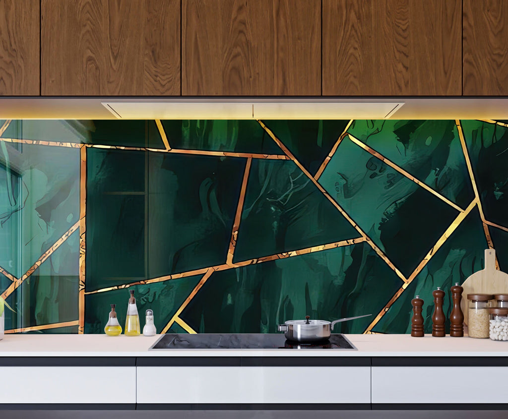 Emerald & Gold Geometric - Glass Kitchen Backsplash-BacksplashArtworks