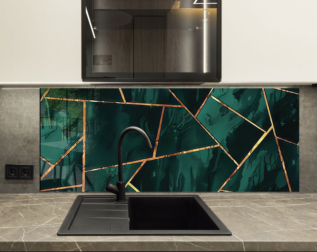 Emerald & Gold Geometric - Glass Kitchen Backsplash-BacksplashArtworks