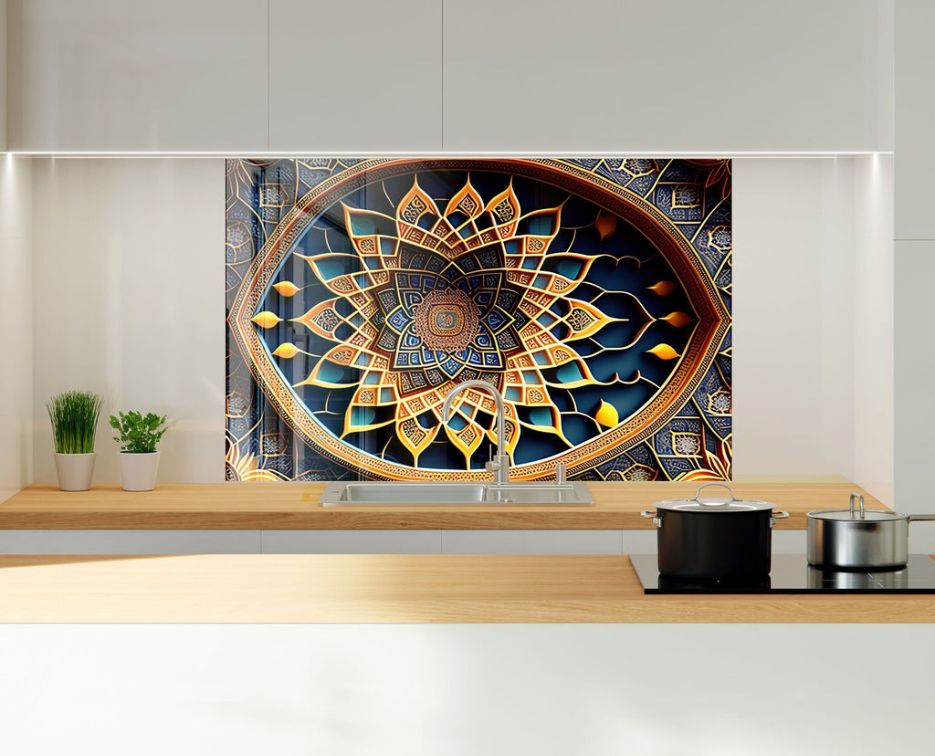 Golden Mandala - Glass Kitchen Backsplash-BacksplashArtworks