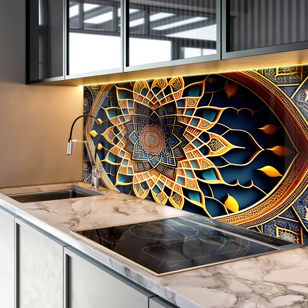 Golden Mandala - Glass Kitchen Backsplash-BacksplashArtworks