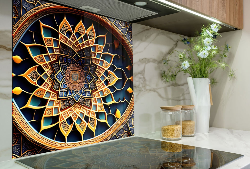 Golden Mandala - Glass Kitchen Backsplash-BacksplashArtworks