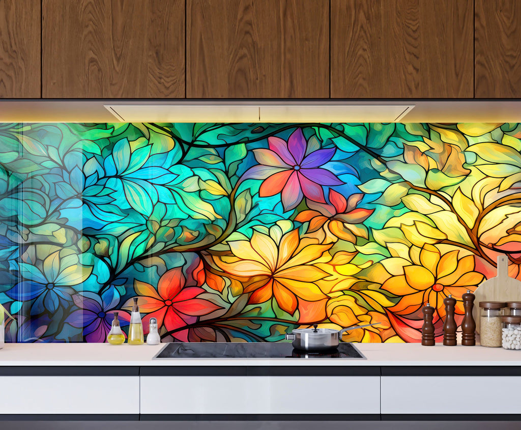 Floral Harmony Stained - Glass Kitchen Backsplash-BacksplashArtworks