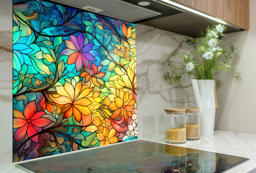 Floral Harmony Stained - Glass Kitchen Backsplash-BacksplashArtworks