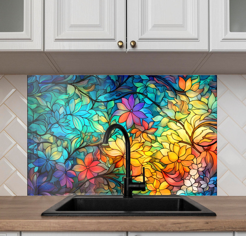 Floral Harmony Stained - Glass Kitchen Backsplash-BacksplashArtworks