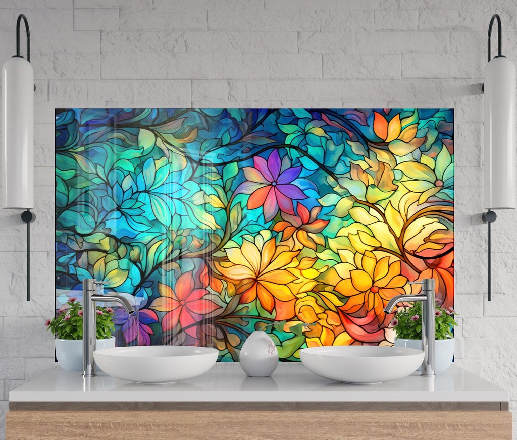 Floral Harmony Stained - Glass Kitchen Backsplash-BacksplashArtworks