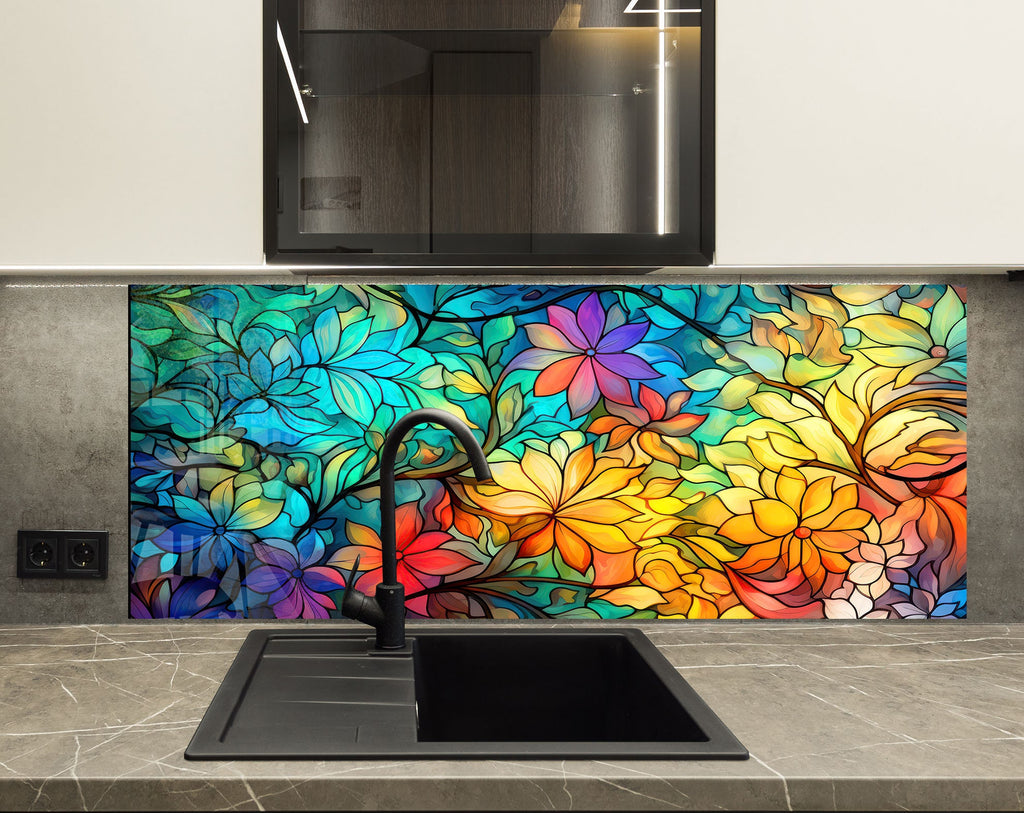 Floral Harmony Stained - Glass Kitchen Backsplash-BacksplashArtworks