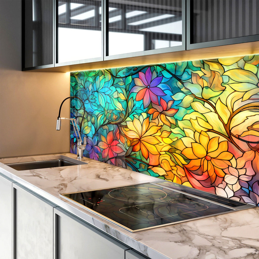 Floral Harmony Stained - Glass Kitchen Backsplash-BacksplashArtworks