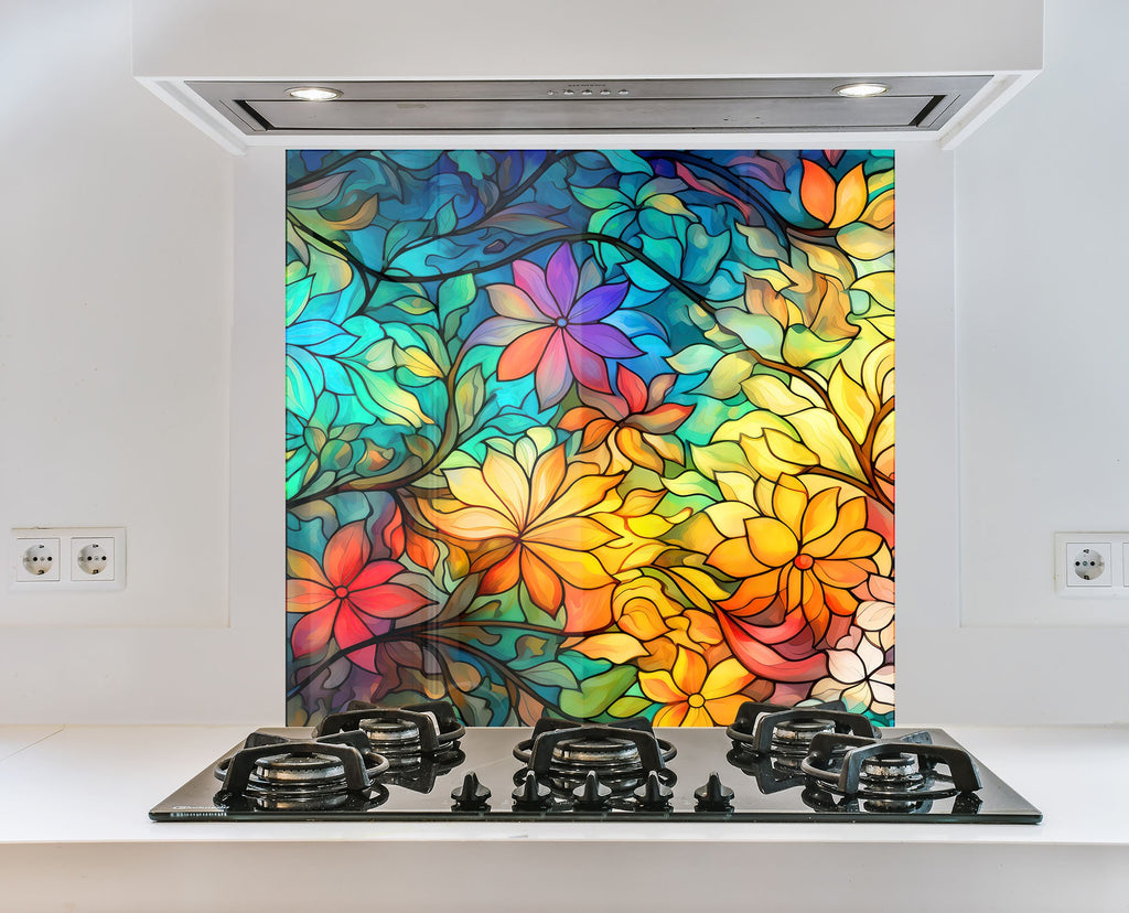 Floral Harmony Stained - Glass Kitchen Backsplash-BacksplashArtworks