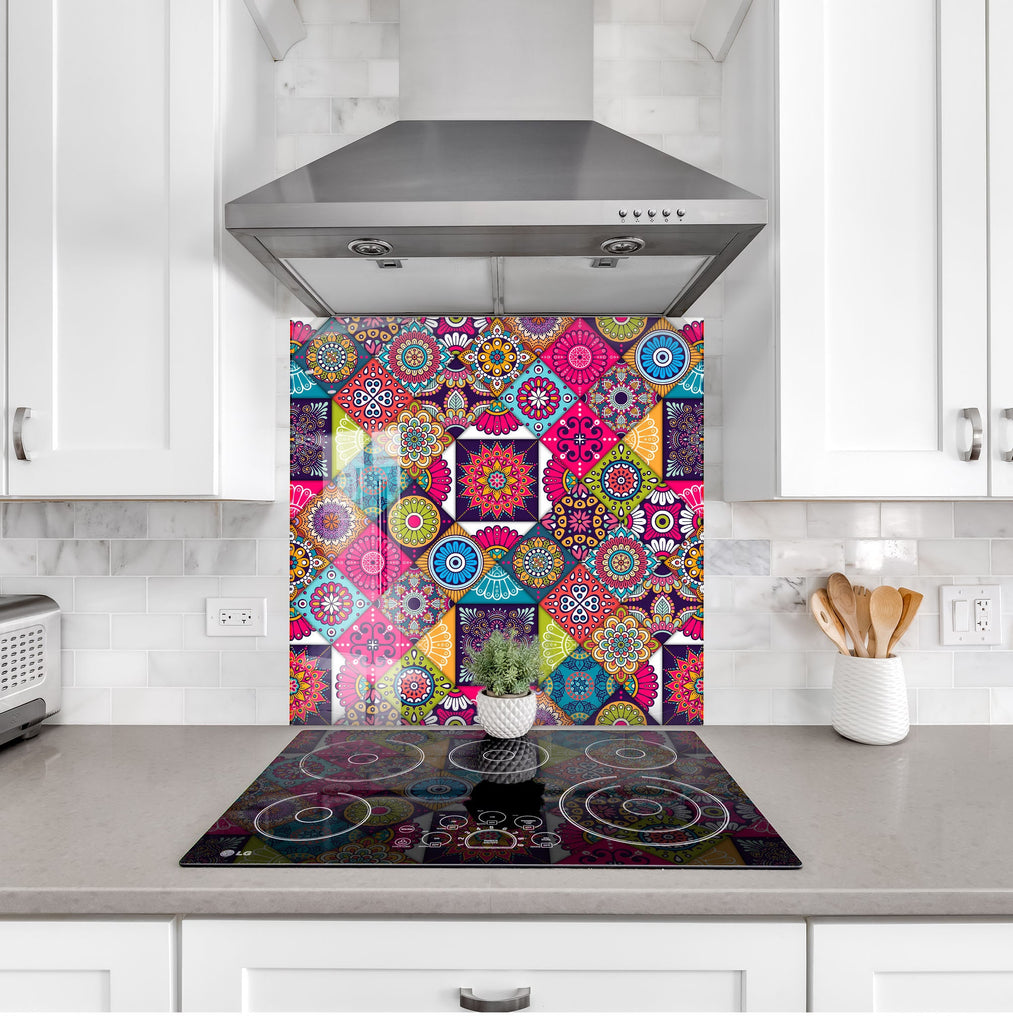 Vibrant Boho Mosaic Glass Kitchen Backsplash - Colorful Geometric Design-BacksplashArtworks