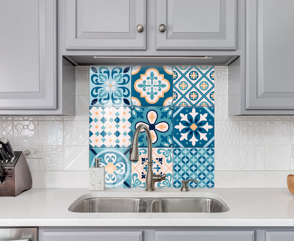 Vibrant Moroccan Tile Mosaic Glass Kitchen Backsplash - Blue Design-BacksplashArtworks