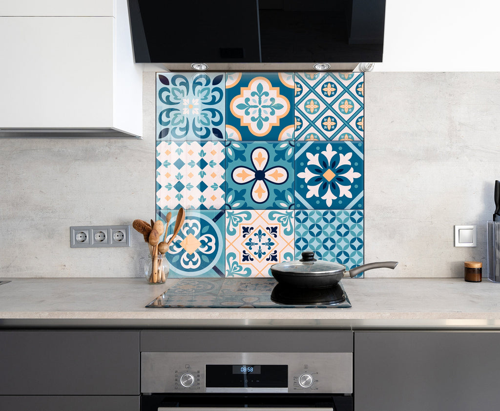 Vibrant Moroccan Tile Mosaic Glass Kitchen Backsplash - Blue Design-BacksplashArtworks