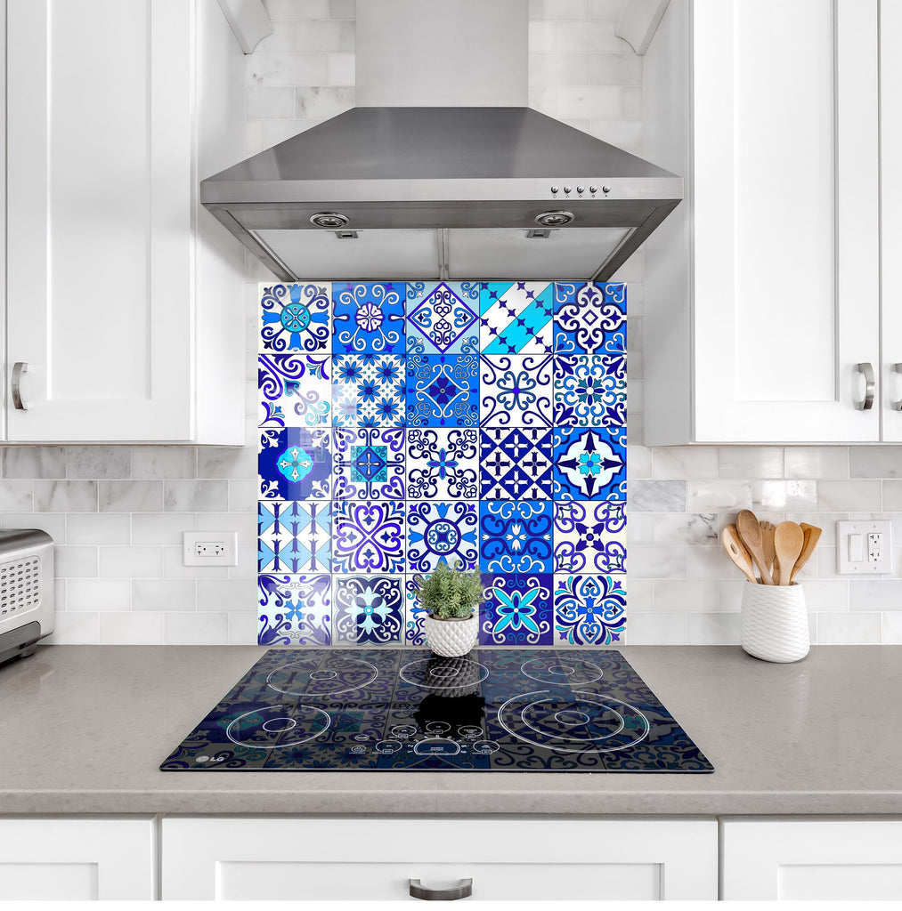 Vibrant Blue Moroccan Tile Mosaic Glass Kitchen Backsplash - Geometric Design-BacksplashArtworks