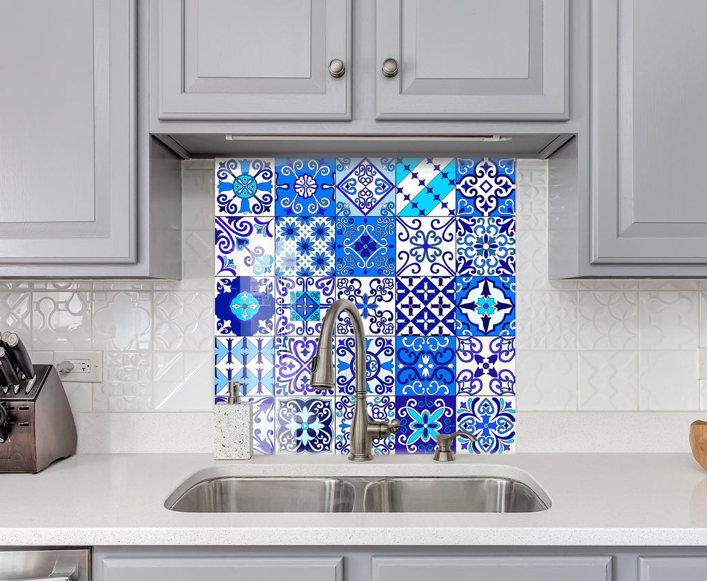 Vibrant Blue Moroccan Tile Mosaic Glass Kitchen Backsplash - Geometric Design-BacksplashArtworks