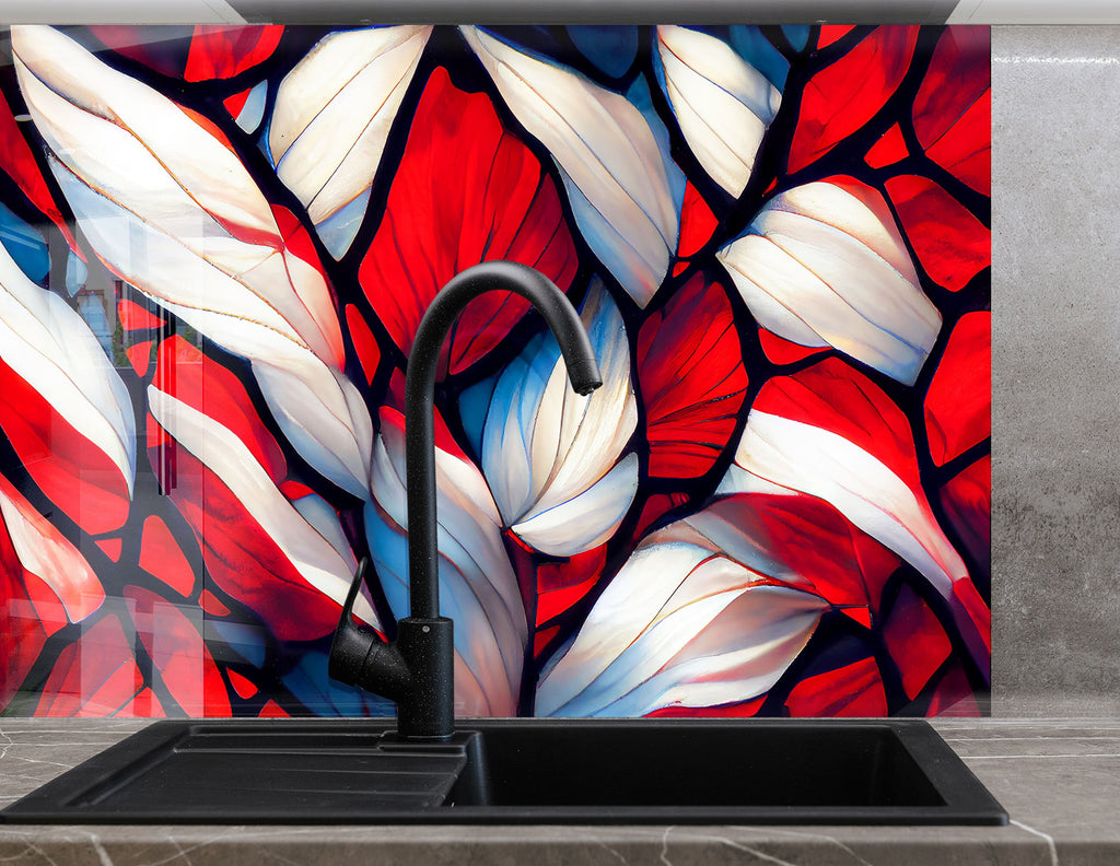 Crimson Bloom Stained - Glass Kitchen Backsplash-BacksplashArtworks