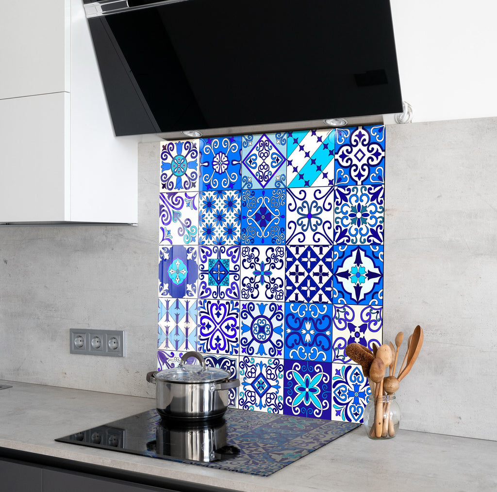 Vibrant Blue Moroccan Tile Mosaic Glass Kitchen Backsplash - Geometric Design-BacksplashArtworks