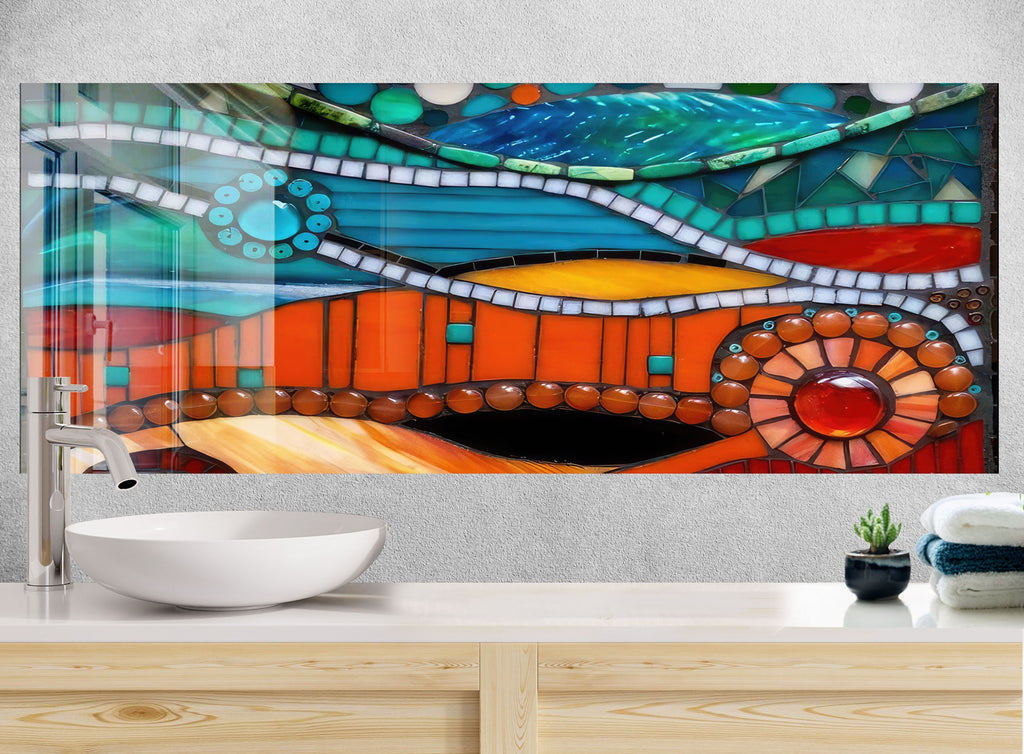 Vibrant Mosaic Glass Kitchen Backsplash – Geometric Design in Bold Colors-BacksplashArtworks