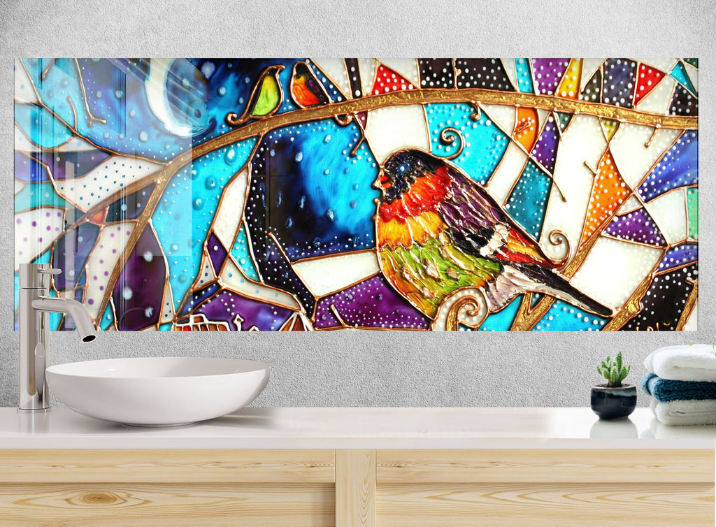 Vibrant Stained Glass Mosaic Kitchen Backsplash - Colorful Birds in Night Sky Design-BacksplashArtworks