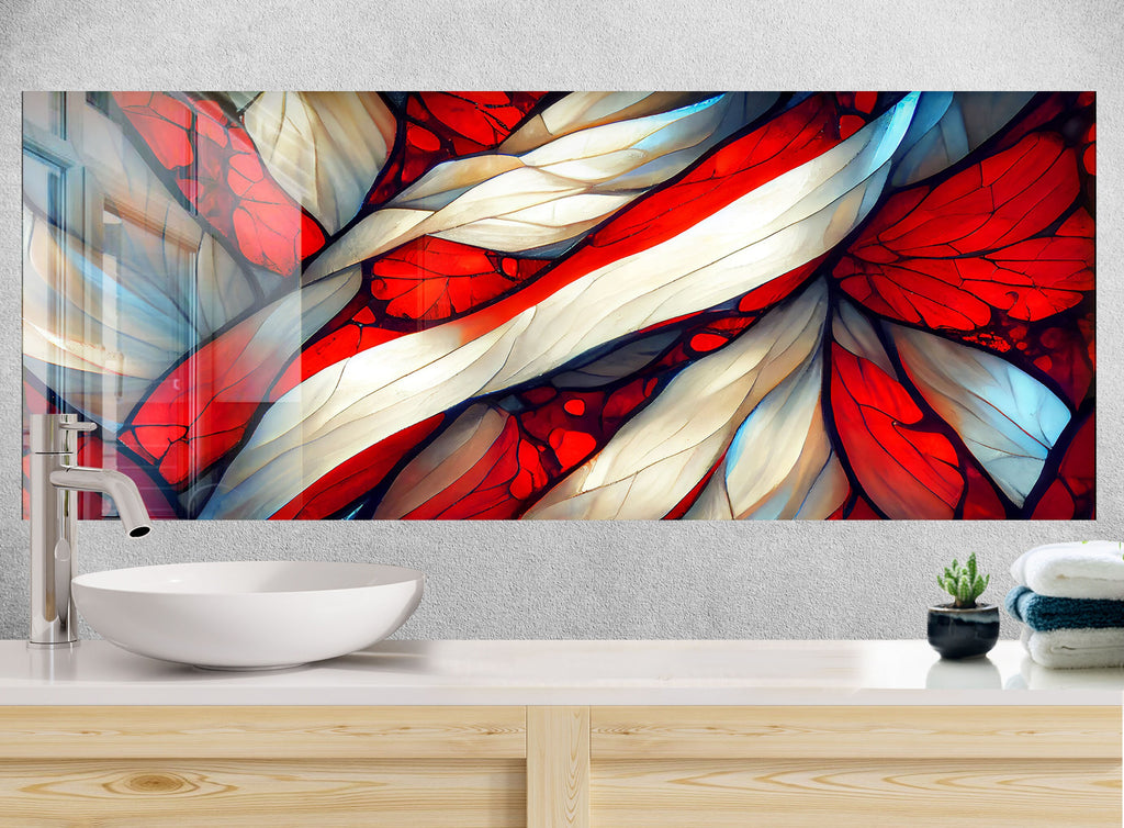 Red & White Flow Stained - Glass Kitchen Backsplash-BacksplashArtworks