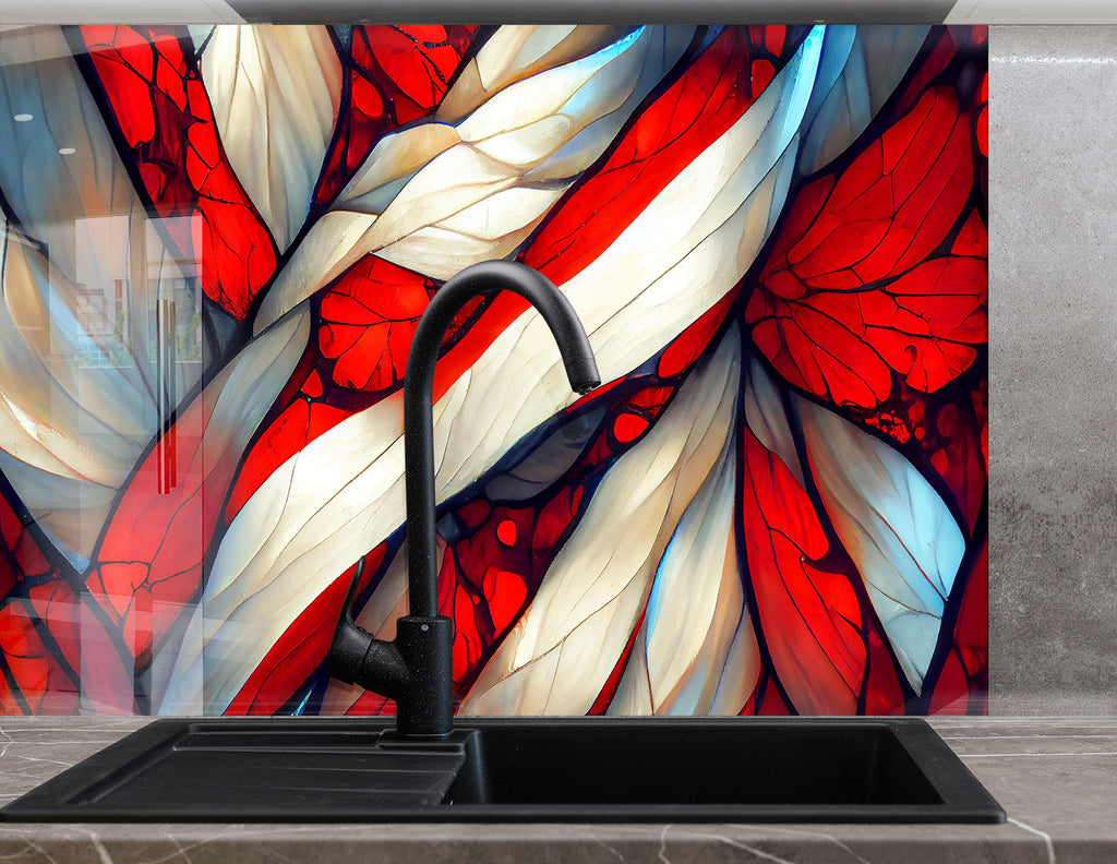 Red & White Flow Stained - Glass Kitchen Backsplash-BacksplashArtworks