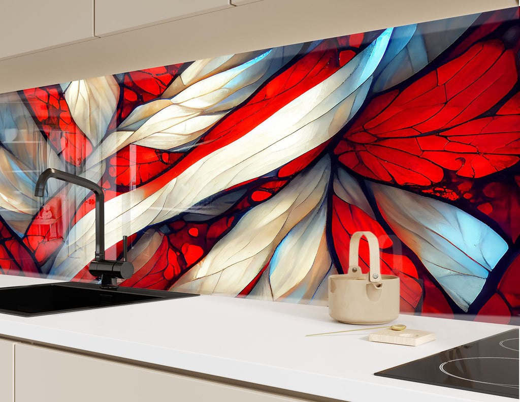 Red & White Flow Stained - Glass Kitchen Backsplash-BacksplashArtworks