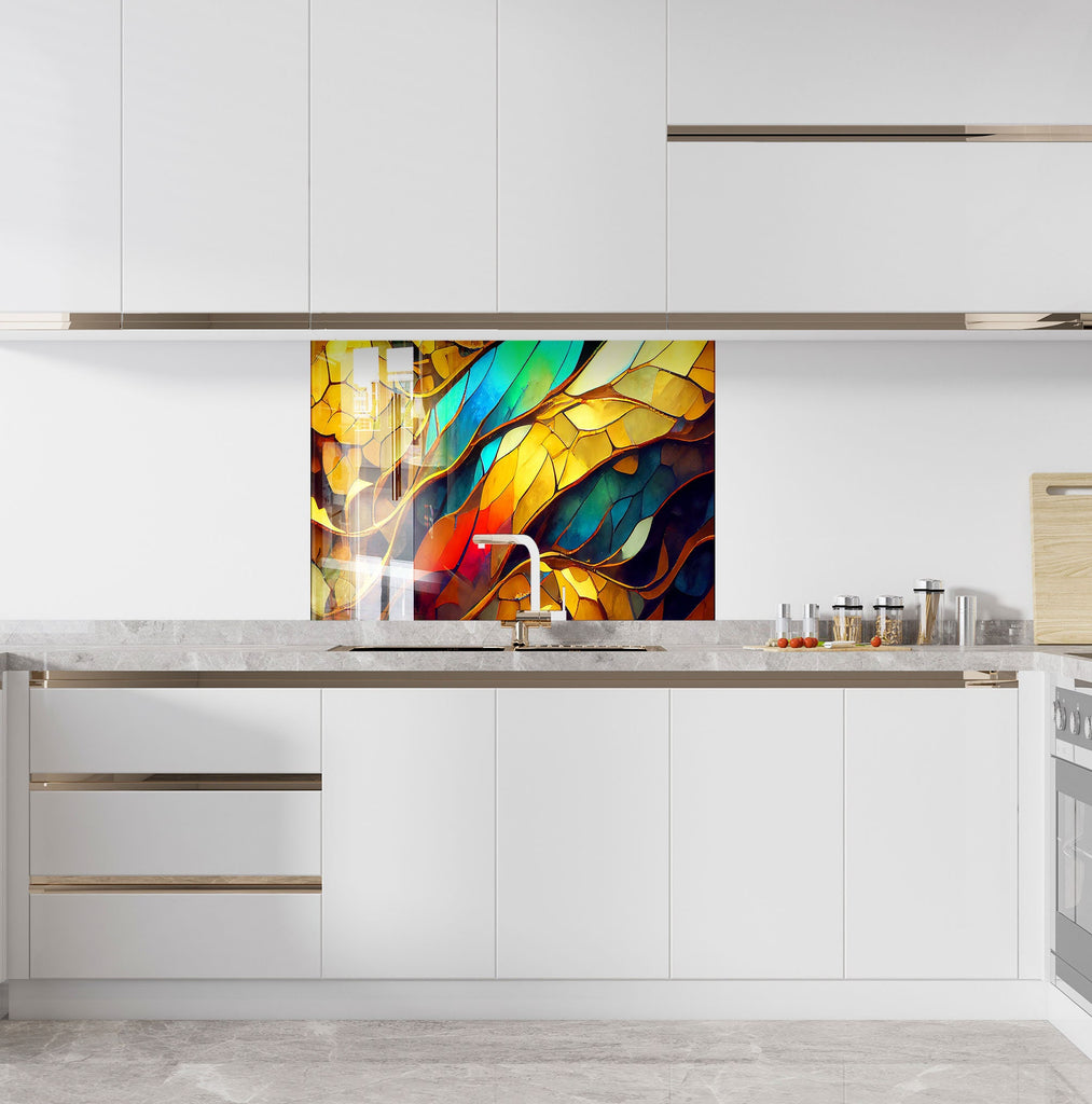 Golden Waves Stained - Glass Kitchen Backsplash-BacksplashArtworks