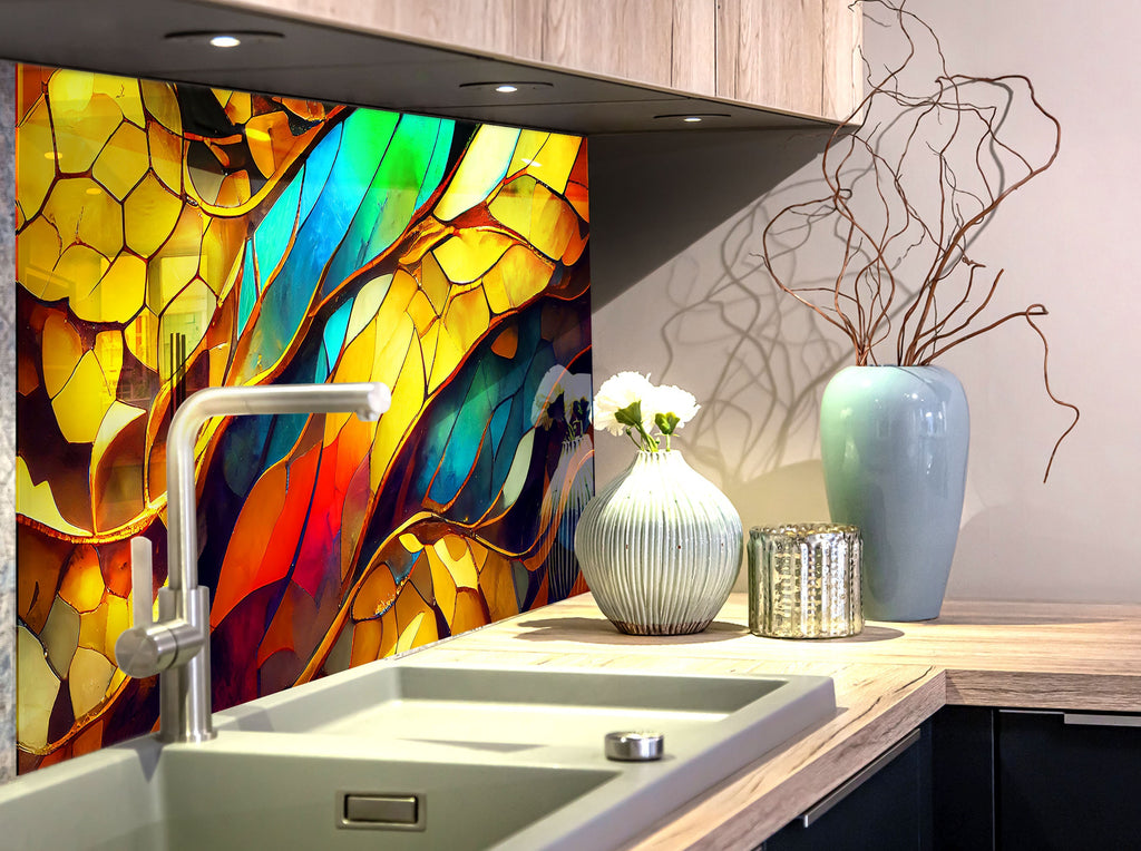 Golden Waves Stained - Glass Kitchen Backsplash-BacksplashArtworks