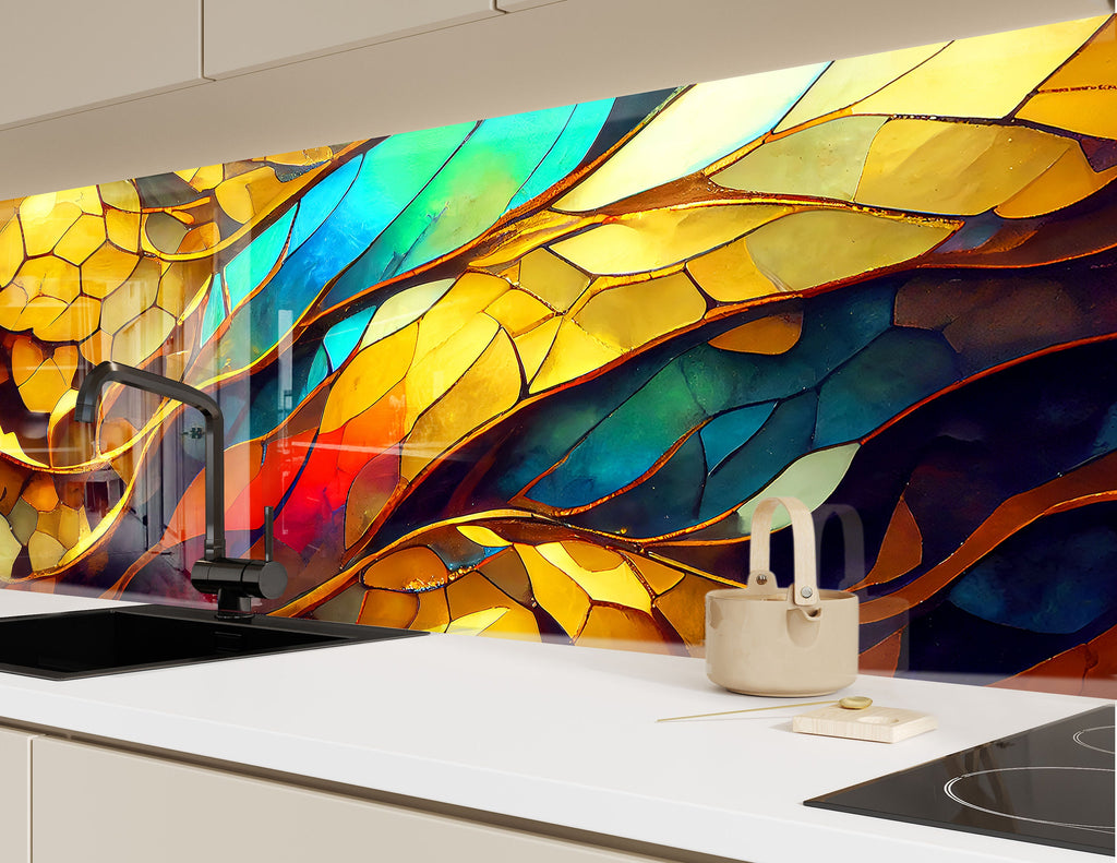 Golden Waves Stained - Glass Kitchen Backsplash-BacksplashArtworks