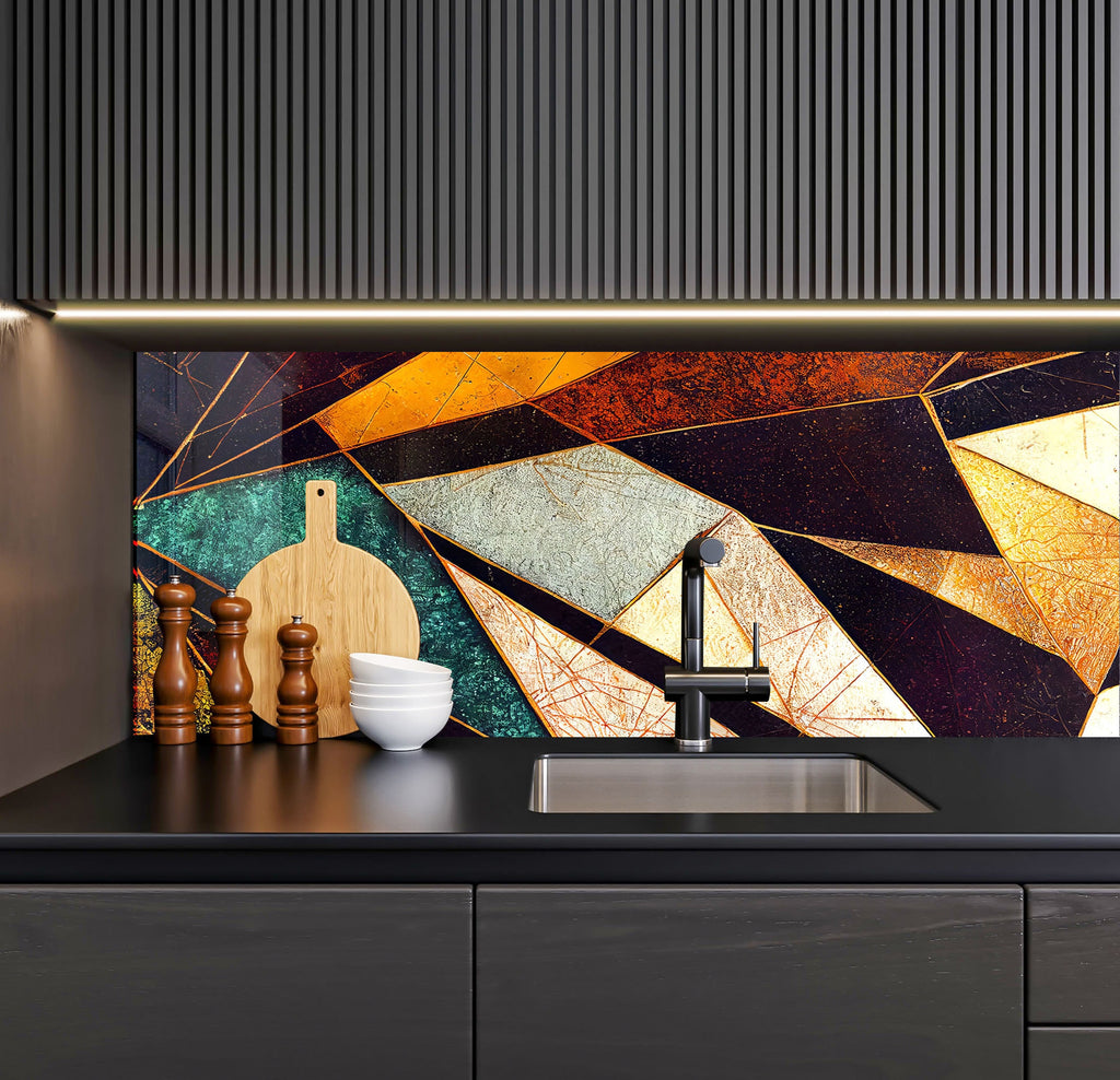 a kitchen counter with a sink and a painting on the wall behind it