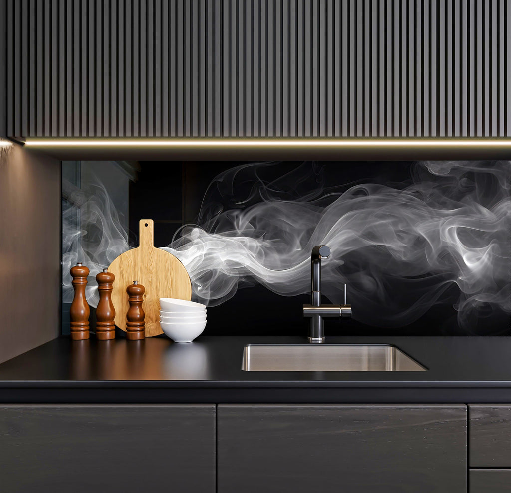 a kitchen with a black counter top and white smoke