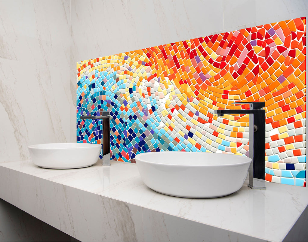 a bathroom with two sinks and a mosaic wall