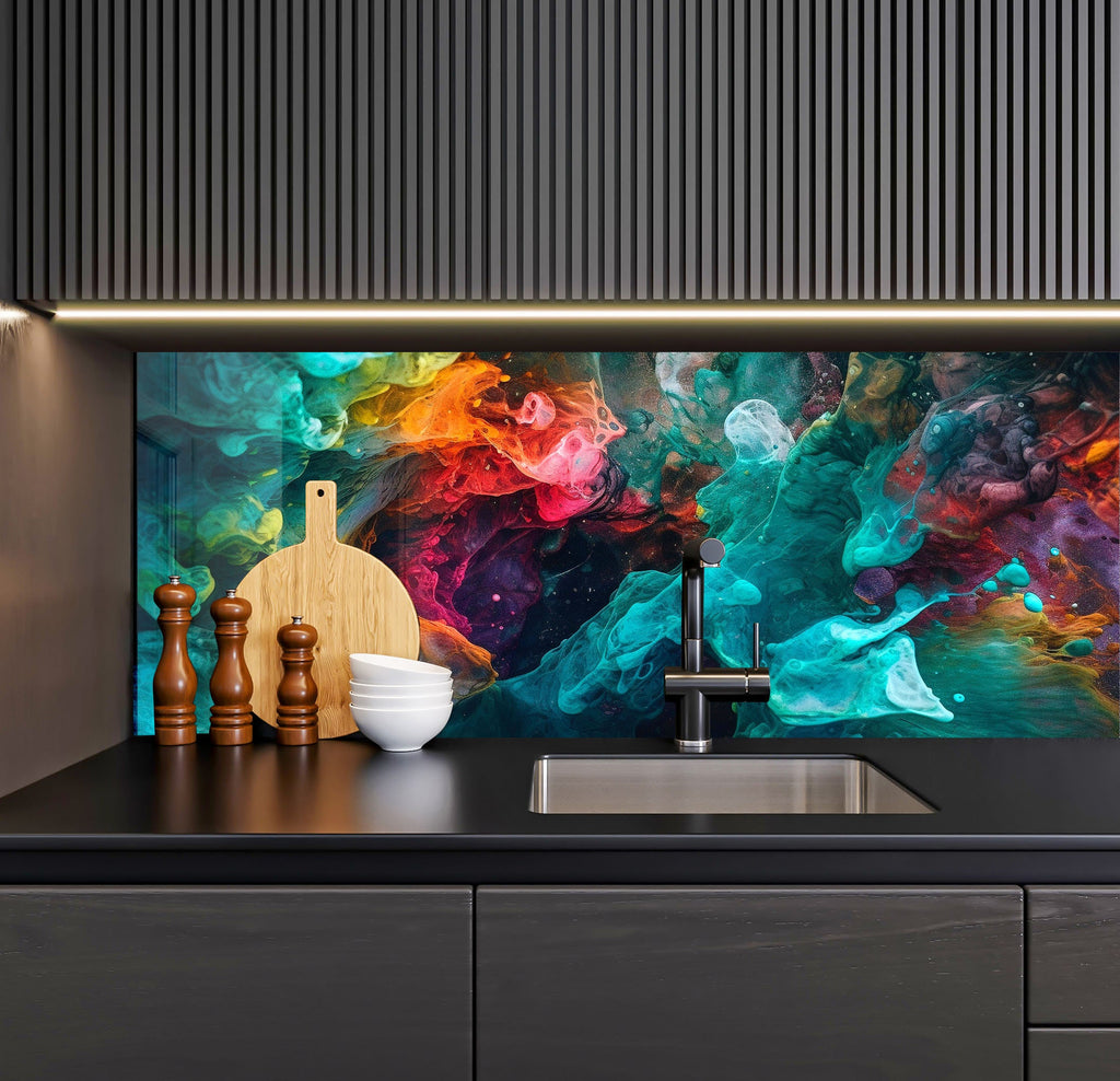 a kitchen counter with a sink and a painting on the wall