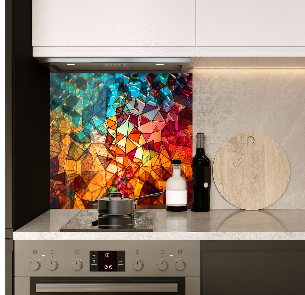 a stove top oven sitting under a colorful wall