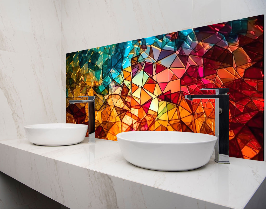 a bathroom with two sinks and a mosaic wall behind it