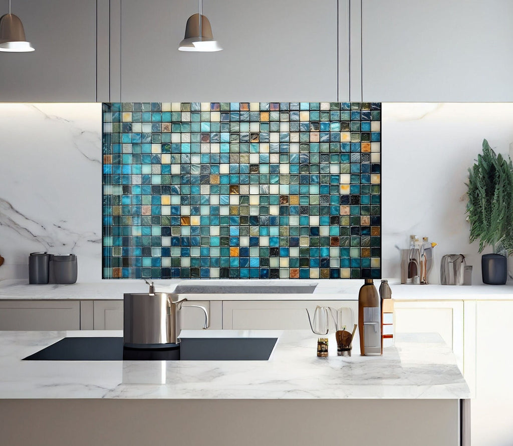 Vibrant Blue Mosaic Glass Kitchen Backsplash – Coastal Tile Design-BacksplashArtworks