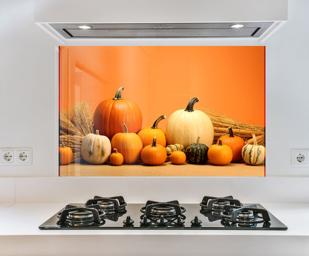 a picture of pumpkins and gourds in a kitchen