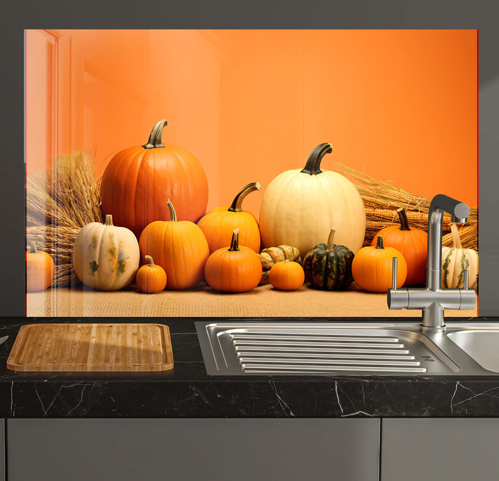 a kitchen counter with a sink and a bunch of pumpkins