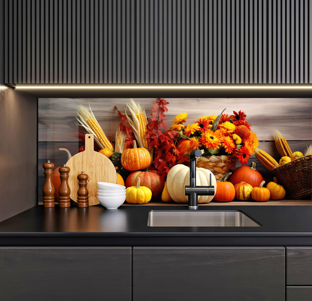 a kitchen counter topped with lots of different types of pumpkins