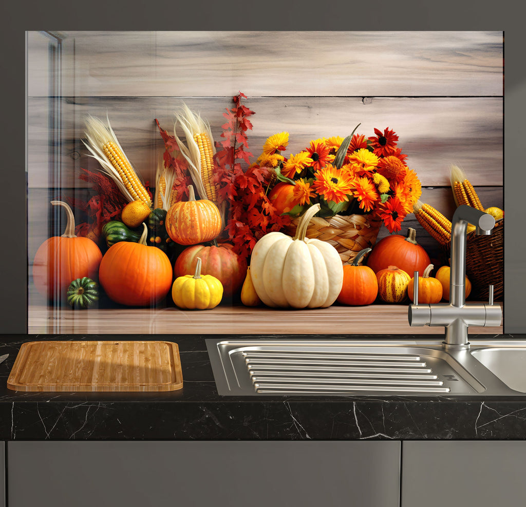 a kitchen counter with a sink and a bunch of pumpkins