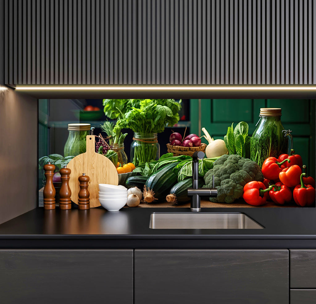 a kitchen with a sink and a bunch of vegetables