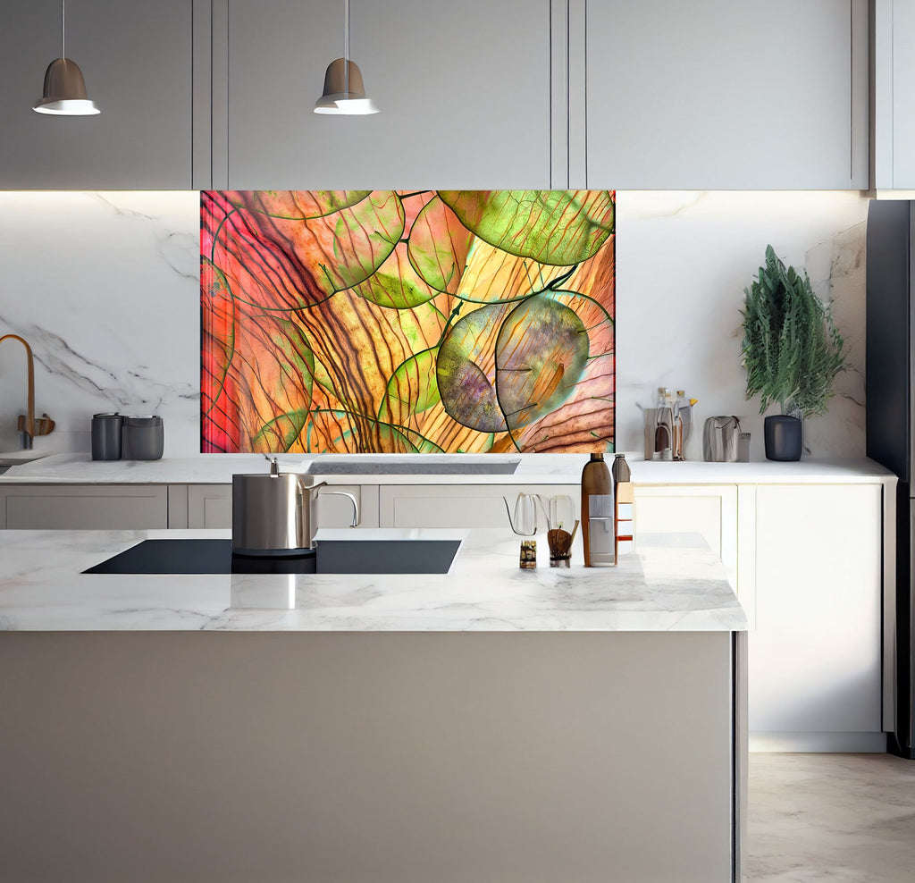 a kitchen with a large painting on the wall