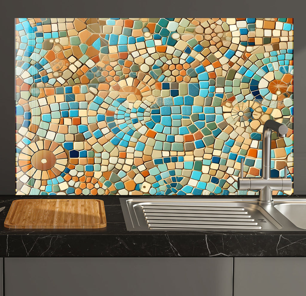 a kitchen counter with a sink and a mosaic tile backsplash