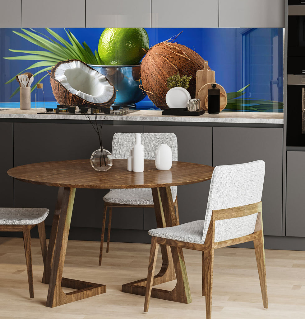 a kitchen with a table and chairs and a painting on the wall