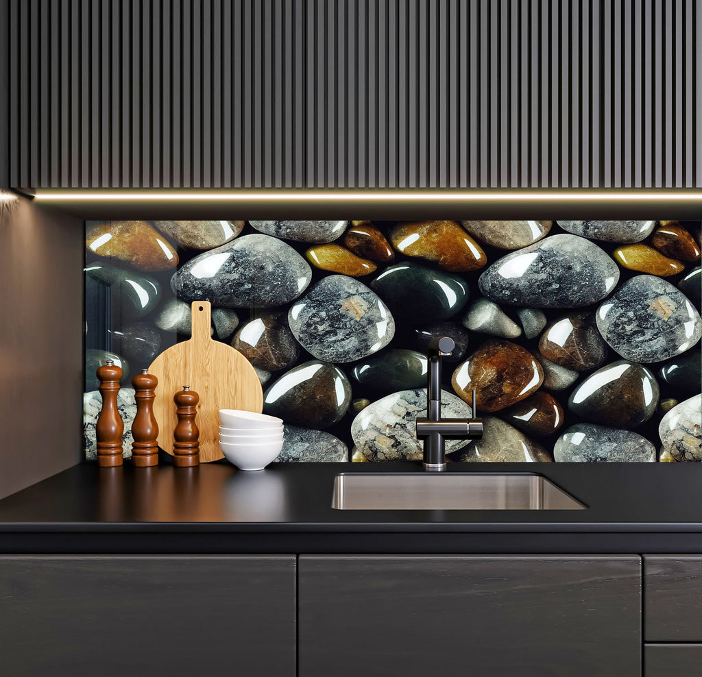 a kitchen with a black counter top and black cabinets